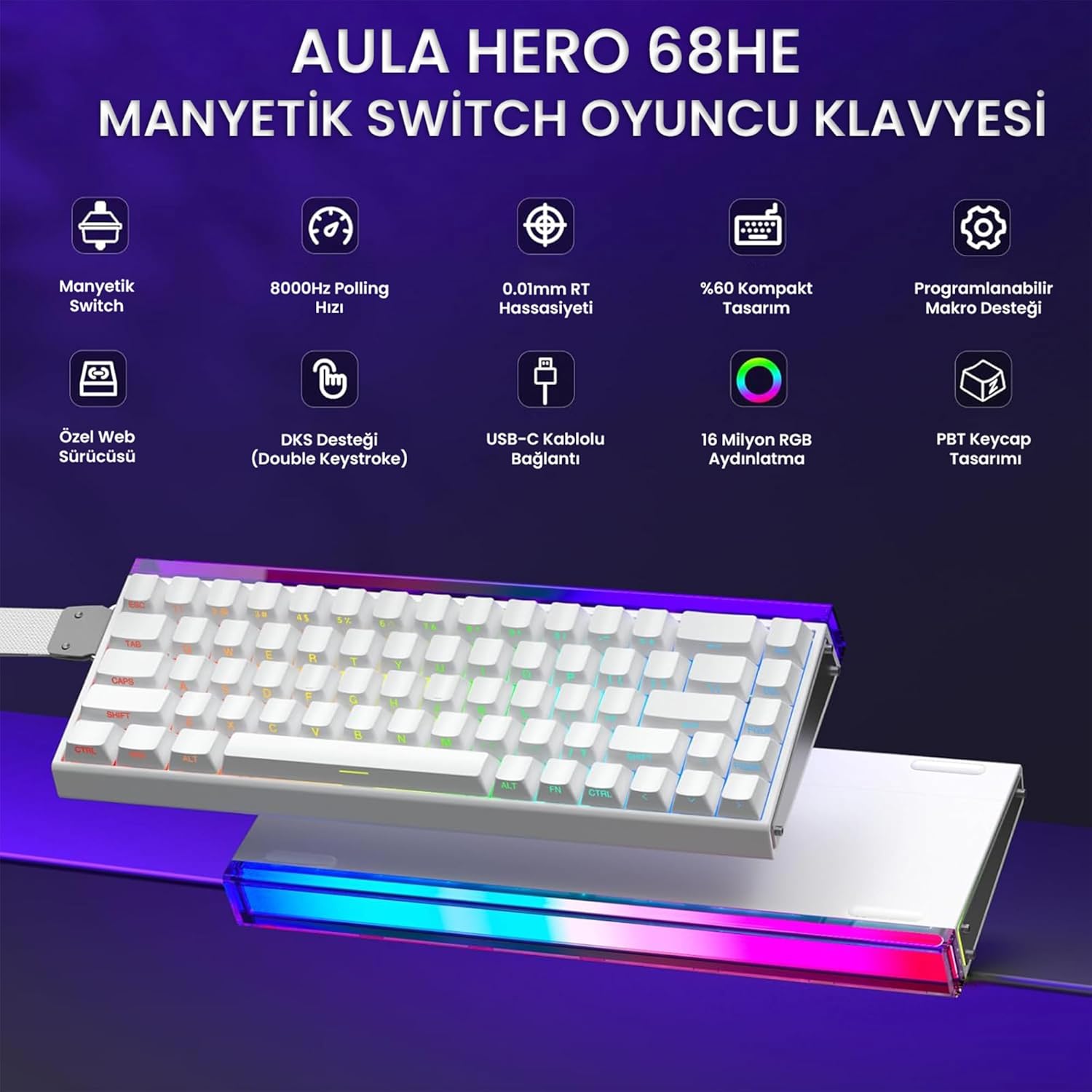 Hero 68 He Manyetik Klavye Rapid Trigger Black King Switch 8000Hz RGB Neon TKL Hot Swap Oyuncu Klavyesi Beyaz