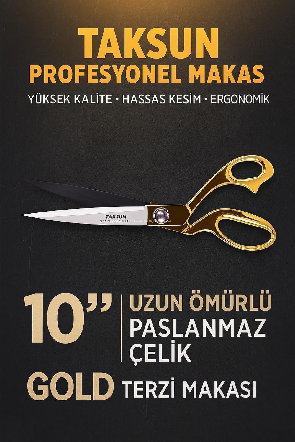 Taksun Profesyonel Makas, No.1250, Paslanmaz Çelik, Karton, Kumaş Kesimi, Ergonomik, Yüksek Kalite, Uzun Ömürlü, Hassas Kesim, Terzi Makası, Gold, 10"