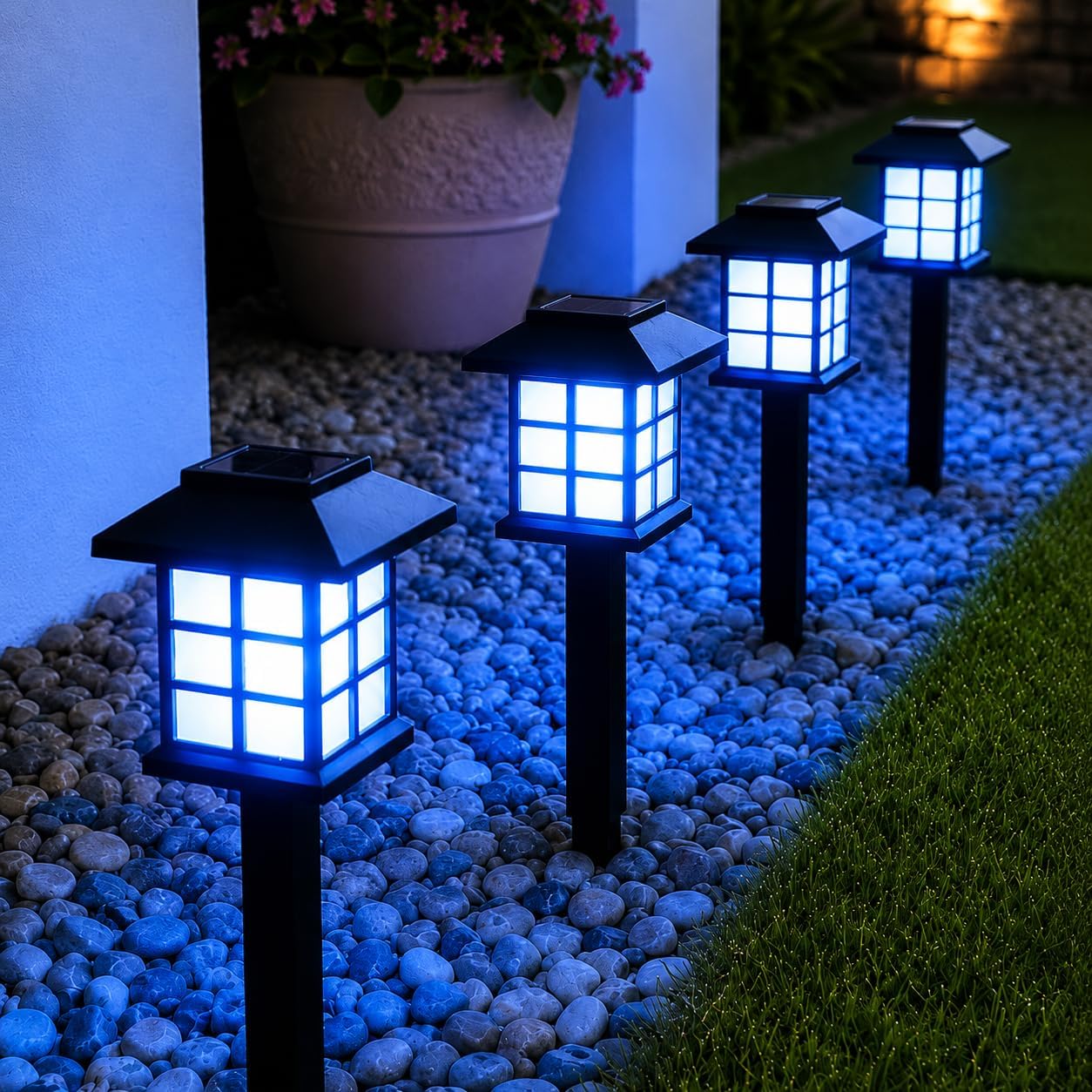 Kyrotech Hlyos 2 Adet 5W Solar Bahçe Lambası 38 cm, Güneş Enerjili Dekoratif Dış Mekan Aydınlatması, Su Geçirmez, Otomatik Sensörlü Peyzaj Lambası, Balkon, Teras, Veranda, Yürüyüş Yolu (Mavi Led)