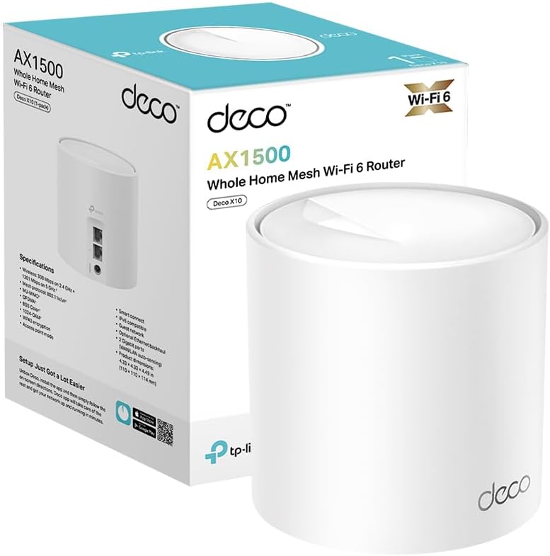 Deco X10 1-pack, AX1500 Mbps, 190 m²'ye kadar Kapsama Alanı, 120 Cihaza Kadar Bağlantı, Gigabit Portlu, Mobil Uygulama ile Kolay Kurulum,Yapay Zeka Destekli Wi-Fi 6 Mesh Sistemi