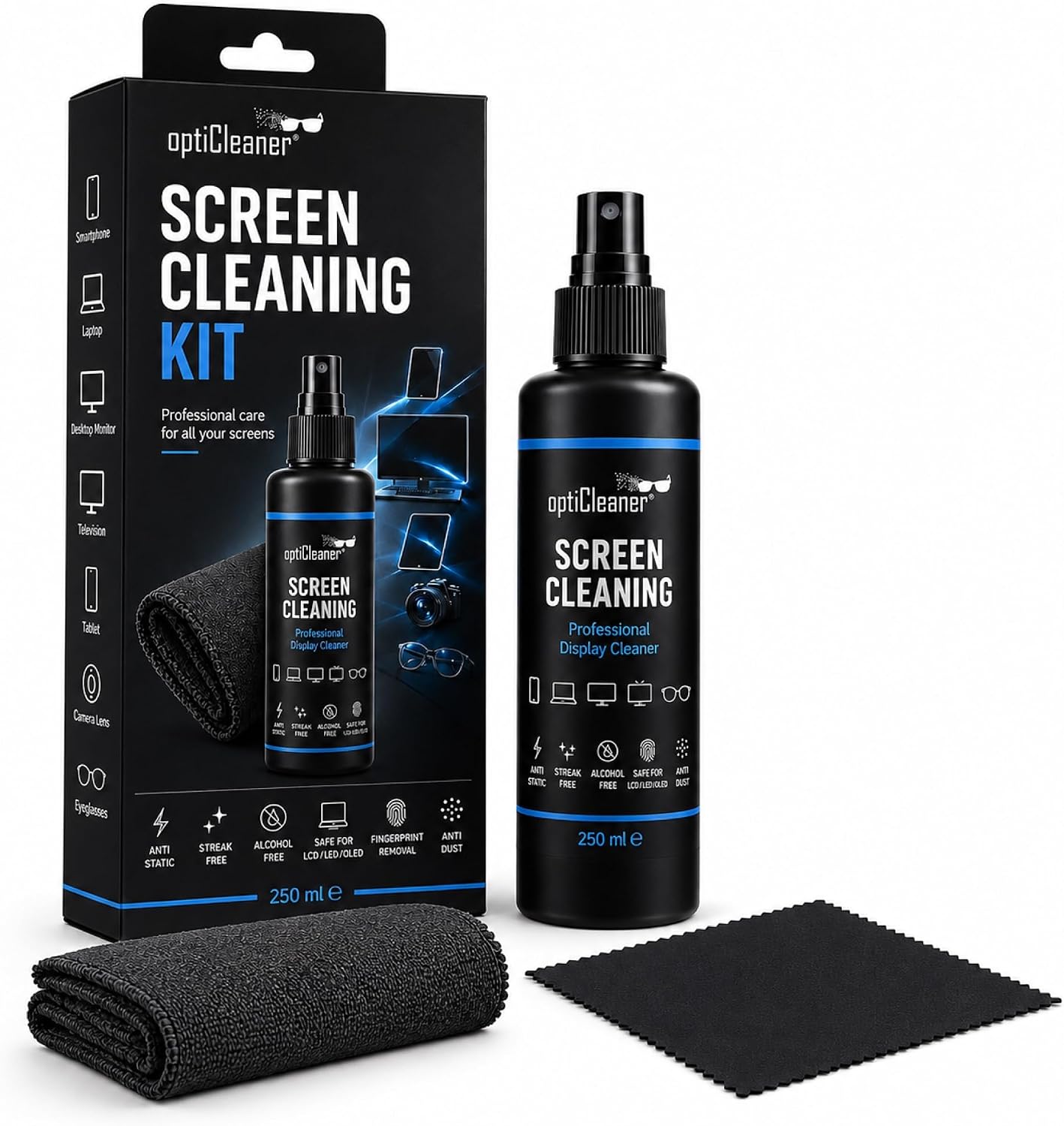 Ekran Temizleme Seti, 250 ml Sprey, Büyük Mikrofiber Bez ve 15 × 18 cm Gözlük Bezi, Laptop, TV, Monitör, Telefon, Tablet, Araç Ekranı ve Lensler İçin