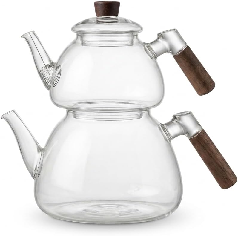 1800 ml + 550 ml Akasya Cam Çaydanlık Takımı - Ahşap Kulplu, Isıya Dayanıklı Borosilikat Şeffaf Çaydanlık, Yaylı Süzgeçli Şık Lüks Tasarım