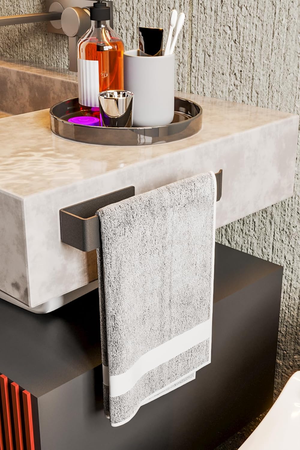 Paslanmaz Çelik Mat Siyah Havlu Askısı - Yapışkanlı Havluluk - Banyo & Lavabo Havlu Tutacağı - STİLO