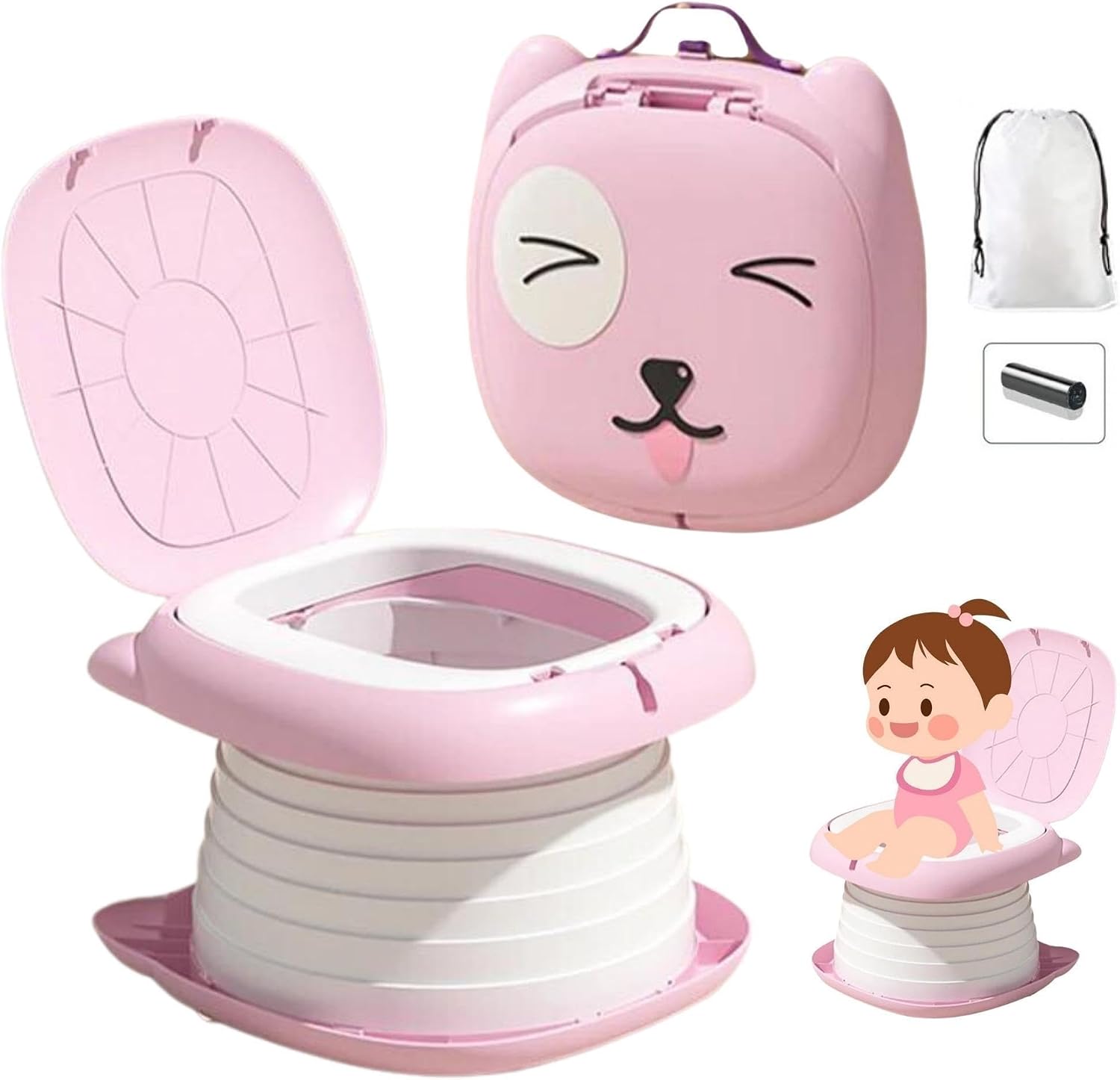 Cat Potty Katlanabilir Çocuk Tuvaleti, Çok Fonksiyonlu Taşınabilir Alıştırma Lazımlığı (Pembe)