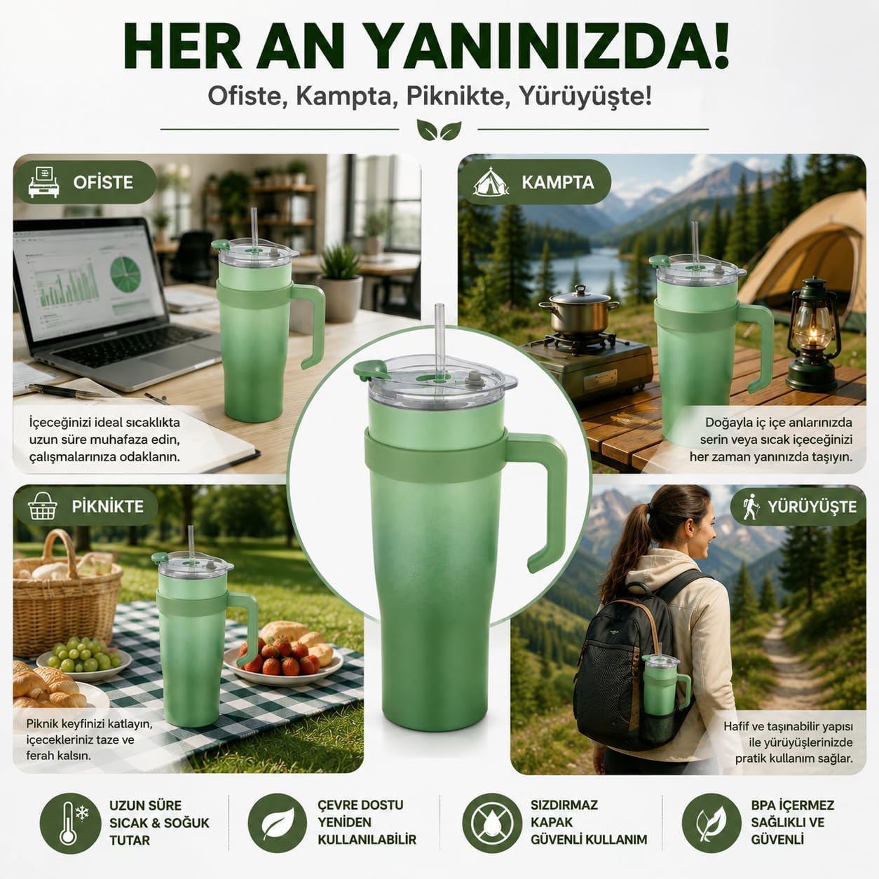 Paslanmaz Çelik,%100 Sızdırmaz, Çift Katmanlı, Pipetli, Saplı Termos Bardak, Termal Matara 1000 ml (Mor+Turuncu)