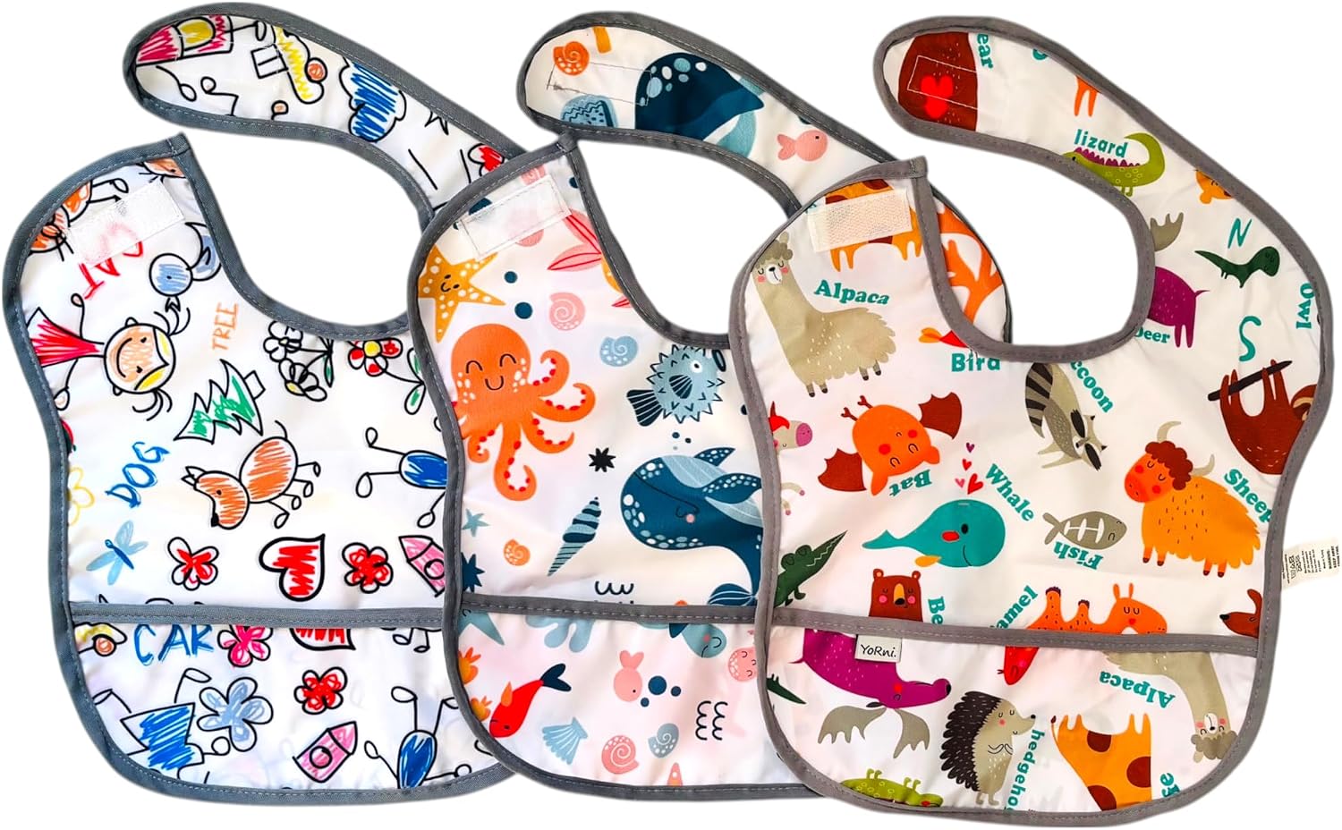 Bebek Mama Önlüğü, 3'lü Set, 6-24 Ay, Sıvı Geçirmez, Cepli, Cırtlı Kapamalı, 3 Farklı Desenli
