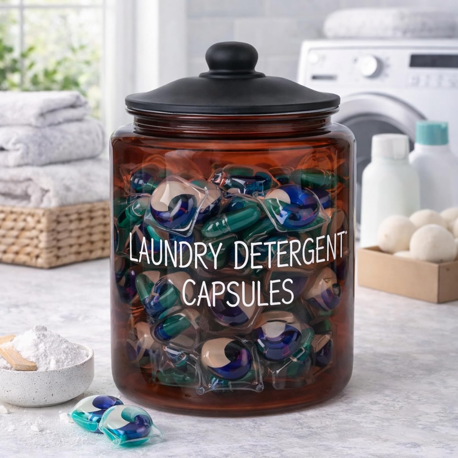3,8 L Cam Deterjanlık Kavanoz – Amber Renk, Kapaklı “LAUNDRY DETERGENT CAPSULES” Saklama Kabı, Çamaşır Deterjan Kapsülü ve Pod Düzenleyici