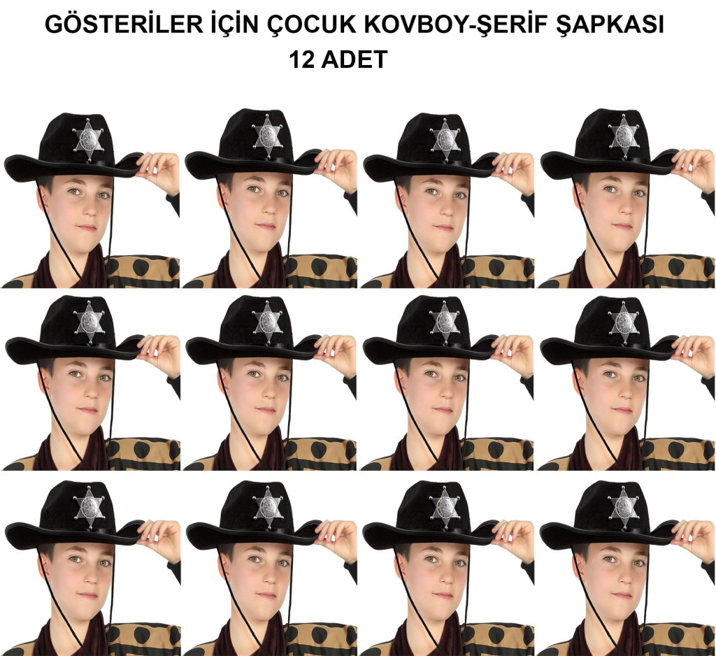 Kovboy Şerif Şapkası Siyah 12 Adet - Kostüm, Parti ve Gösteri Şapkası