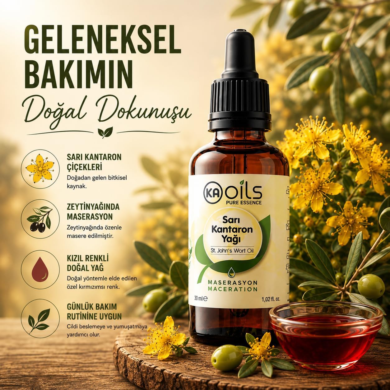 KAOils Sarı Kantaron Yağı 30 ml | Zeytinyağında Masere Edilmiş | St. John’s Wort Infused Oil | Cilt Onarıcı & Yatıştırıcı Bakım | 100% Pure & Doğal Bitkisel Yağ – Katkısız & Geleneksel Üretim