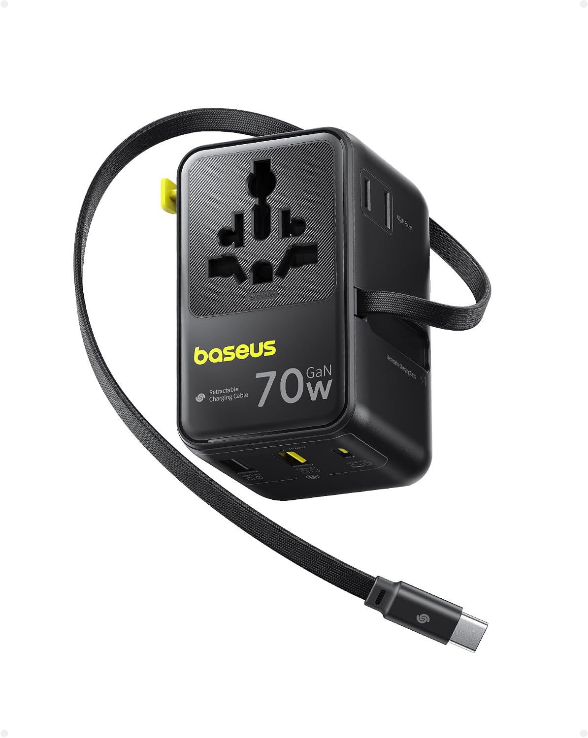 Enercore Evrensel Priz Adaptörü 70W Geri Çekilebilir Kablolu, 2 AC Prizi + 2USB-A + 1USB-C ile Uluslararası Seyahat Şarj Cihazı, ABD, İngiltere, Çin, Japonya, Tayland ile Uyumlu