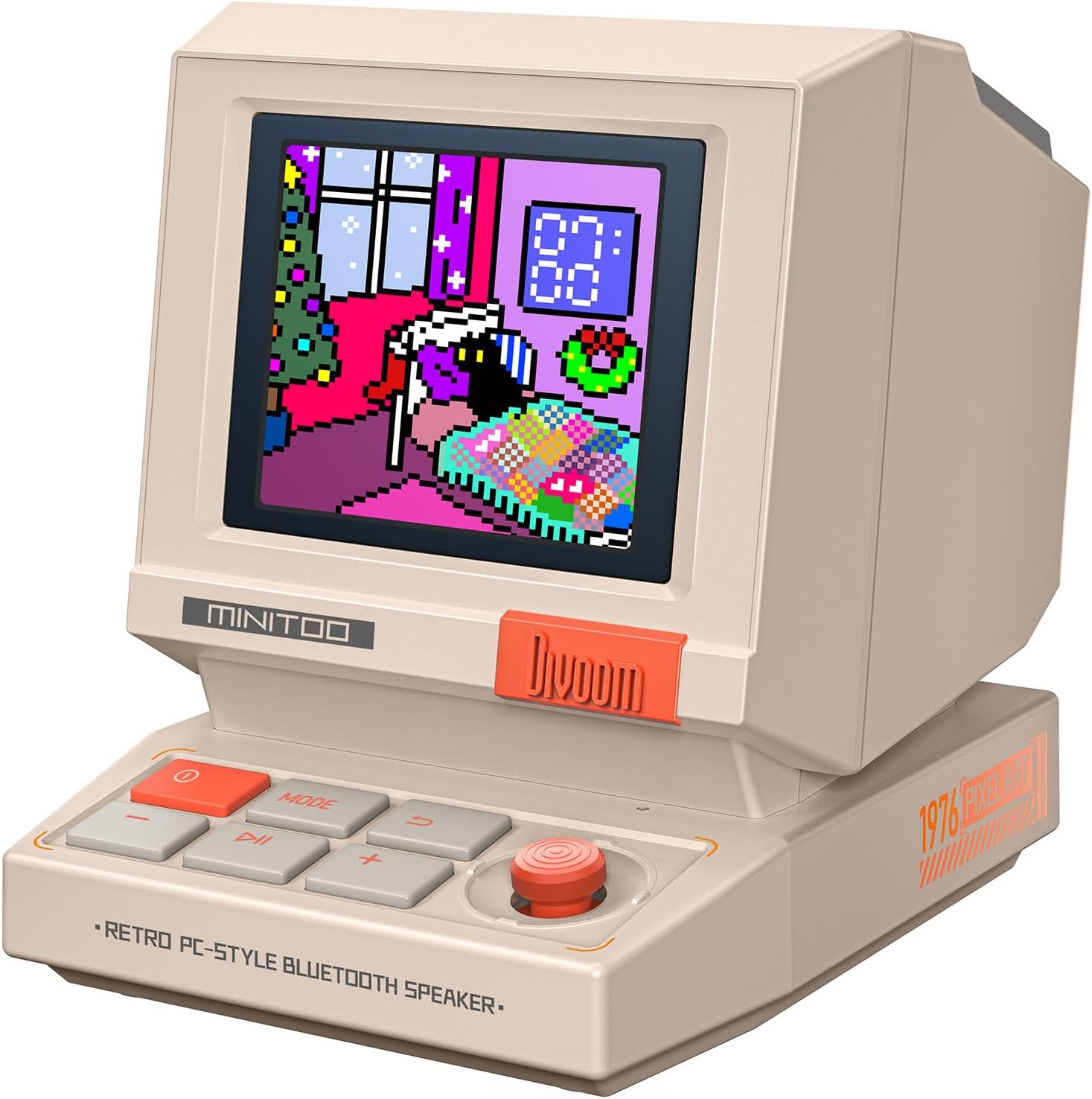 MiniToo Retro PC-Style Bilgisayar Hoparlörü, akıllı piksel ekranı ve kendi resimlerinizi oluşturma özelliği, Bluetooth ve USB Ses, beyaz gürültülü alarm/zamanlayıcı, yatak odası için hediye