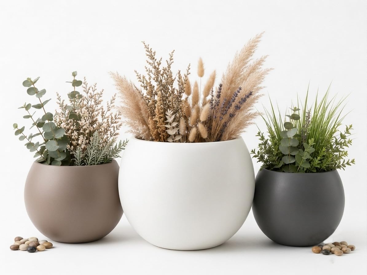 ZEVLİ Japandi Tarzı Modern Küre Saksı 3'lü Set - Su Sızdırmaz Dekoratif Salon ve Balkon Saksısı Hediyelik Çiçeklik Seti (Mermer Beyazı, Antrasit ve Mocha, Bir Büyük iki Orta)