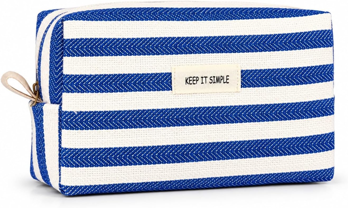 Keep It Simple Mavi Beyaz Çizgili Kanvas Makyaj Çantası - Şık Kozmetik Çantası, Seyahat Düzenleyici ve Çok Amaçlı Organizer Kese