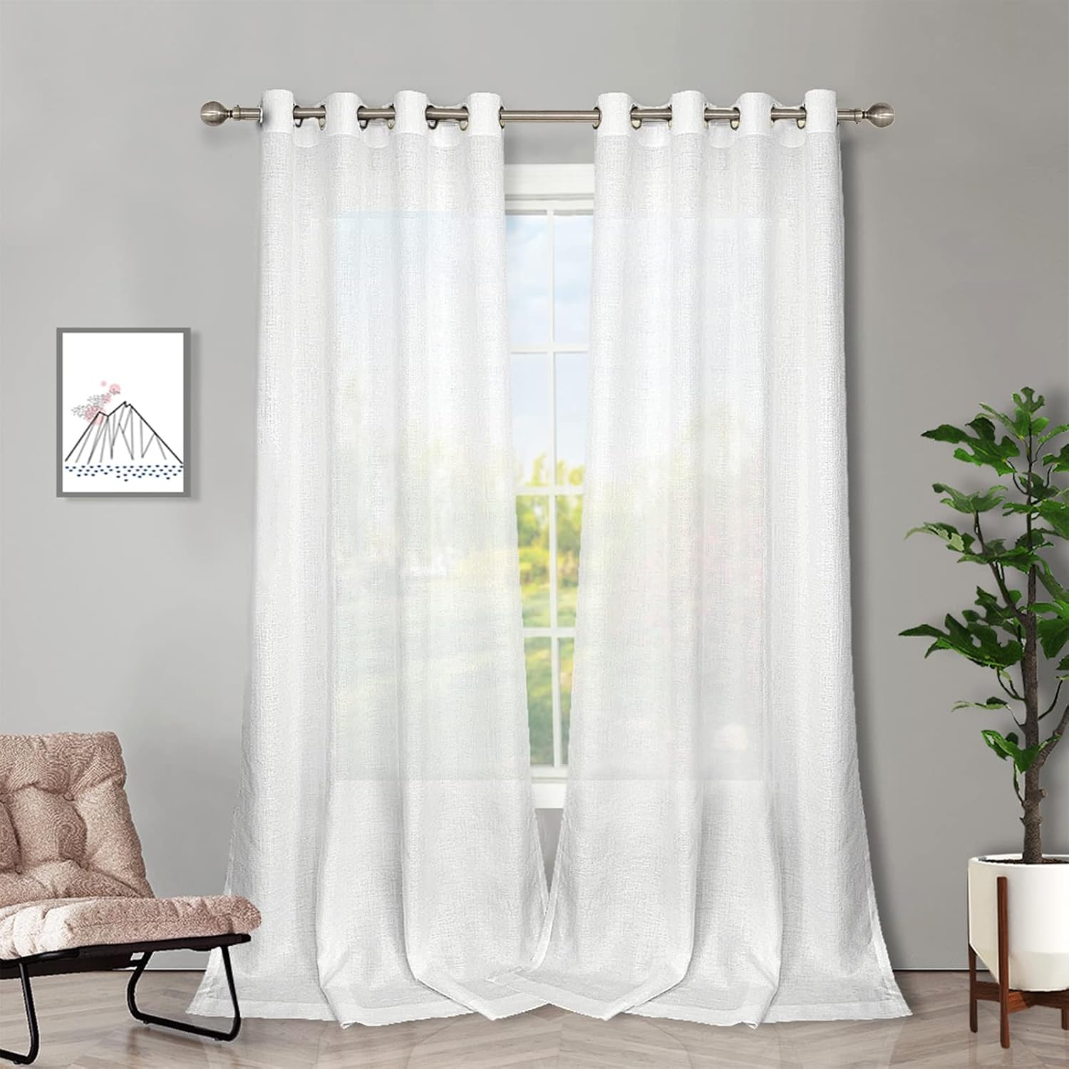 Oturma Odası için Beyaz Yarı Şeffaf Perdeler 241 cm Uzunluğunda - Keten Görünümlü Yatak Odası Gromet Üst Vual Perdeler, 132 x 226 cm (2 Panel)