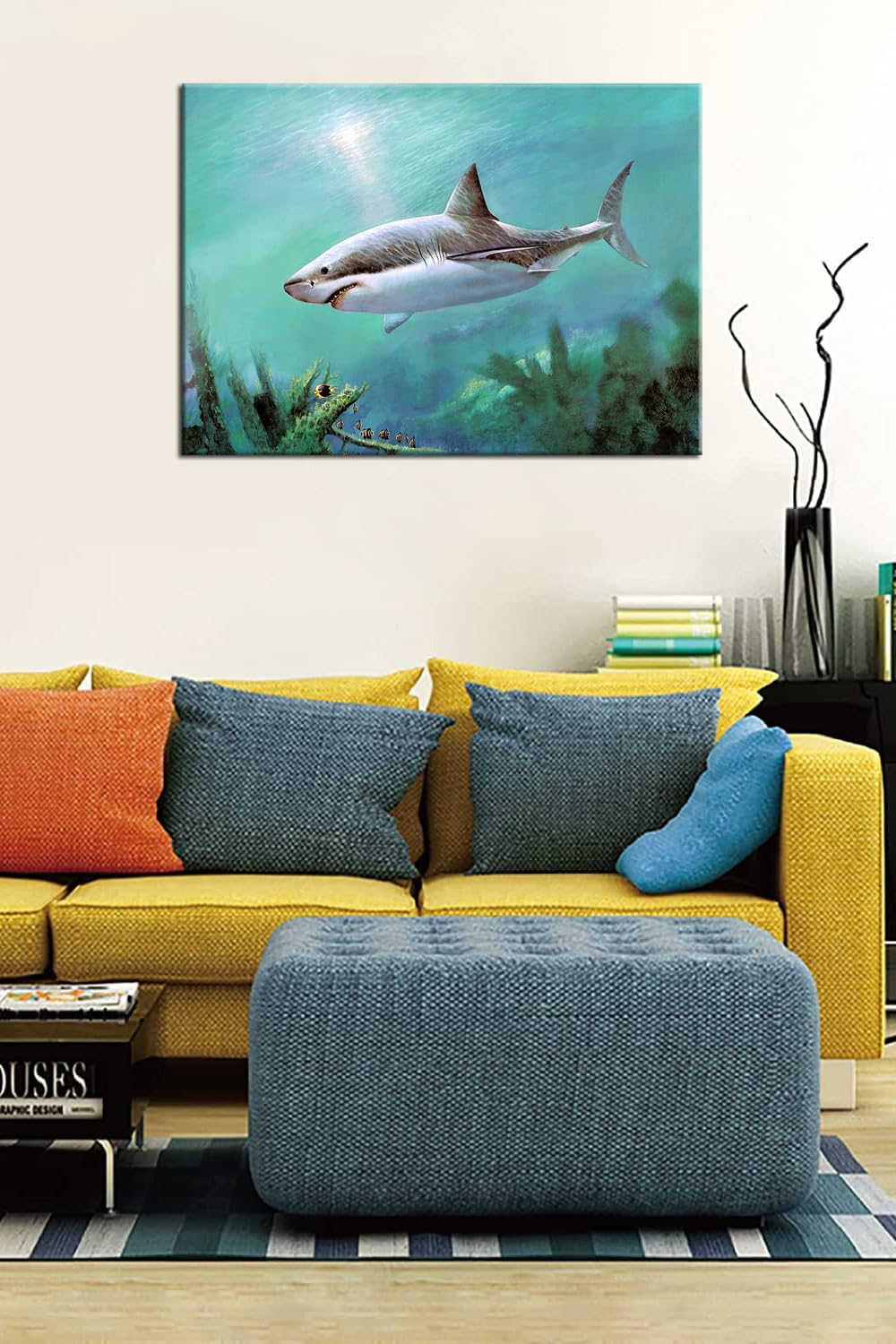 Büyük Beyaz Köpek Balığı Dekoratif Kanvas Tablo. Duvar Panosu, Dekoratif, Canlı, Deniz, Gemi, Yelkenli, Balık, Denizcilik, Manzara, Doğa, Atatürk Tabloları (50x35)