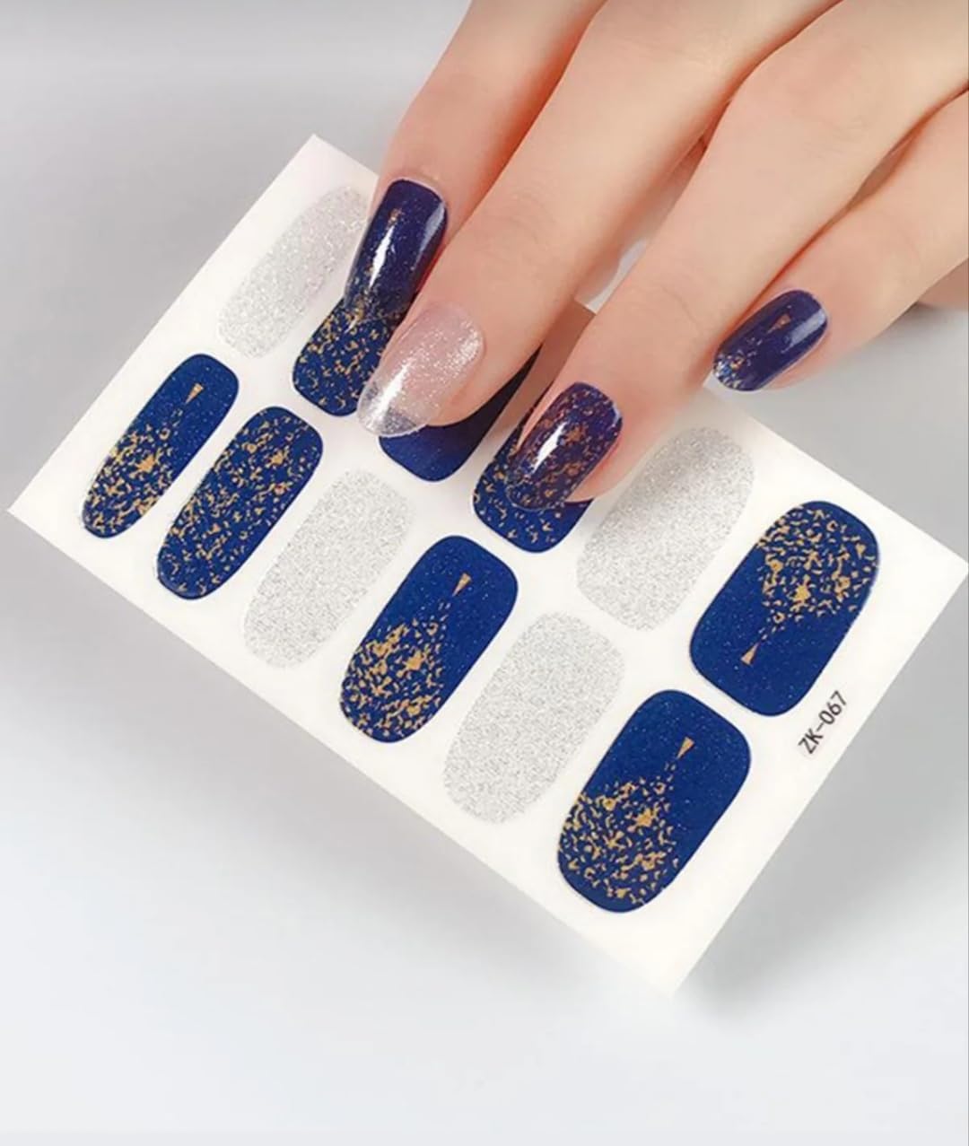 Tırnak Oje Sticker Nail Art Set, Mavi-Gümüş-Altın Desenli, 12'li