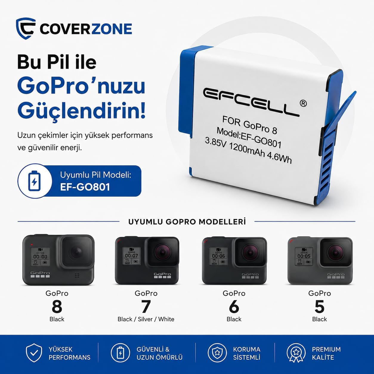 GoPro Hero 8 Hero 7 Hero 6 Hero 5 Black ve Hero 2018 ile Uyumlu 1200mAh Yedek Kamera Bataryası 3.85V 4.6Wh Aksiyon Kamera Pili EF-GO801 | (GO801)