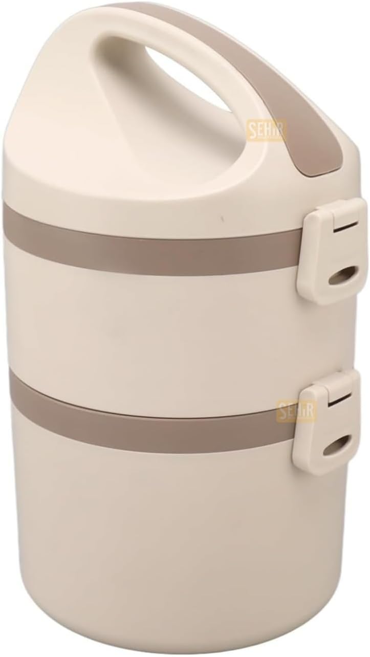 Vagonlife Bento 1800ml Lunchbox 2 Katlı 4-6 Saat Sıcak/Soğuk Termos Özellikli Çelik Sefer Tası Yemek Kutusu (Bej)
