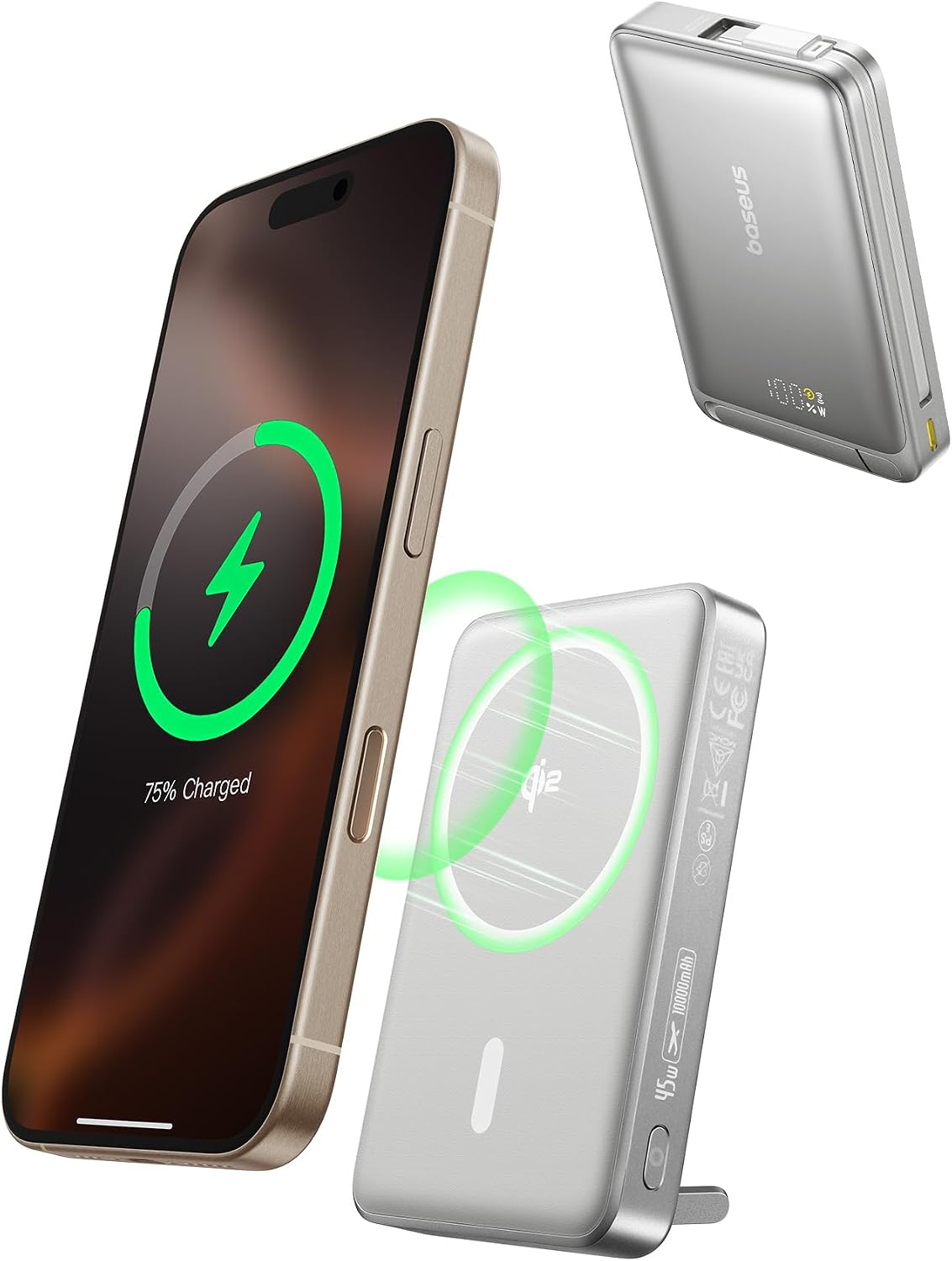 Nomos 3'ü 1 arada MagSafe10000mAh Power Bank - Qi2 15W Kablosuz Şarj, 45W Dahili Çift Yönlü Hızlı Şarj Kablolu, Gri