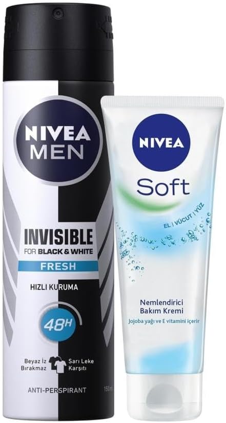 Men Erkek Sprey Deodorant Black&White Invisible Fresh 48 Saat Anti-perspirant Koruma 150ml ve Soft Krem 75ml