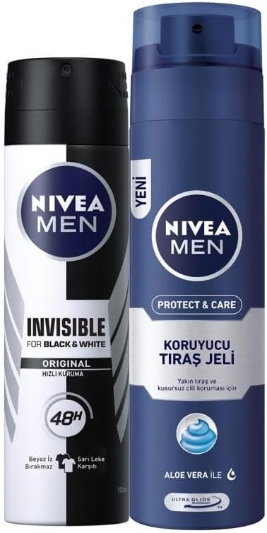 Men Erkek Sprey Deodorant Black&White Invisible Original 48 Saat Anti-perspirant Koruma 150ml ve Men Protect&Care Tıraş Jeli 200ml, Kuru Ciltler İçin, Pürüzsüz Tıraş