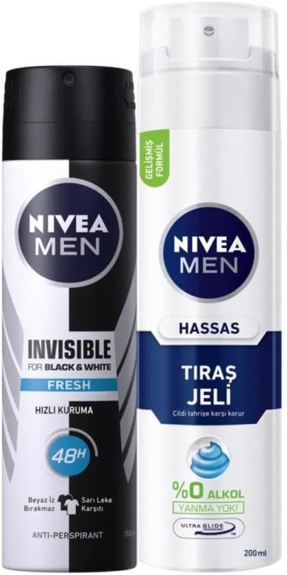 Men Erkek Sprey Deodorant Black&White Invisible Fresh 48 Saat Anti-perspirant Koruma 150ml ve Men Hassas Tıraş Jeli 200ml