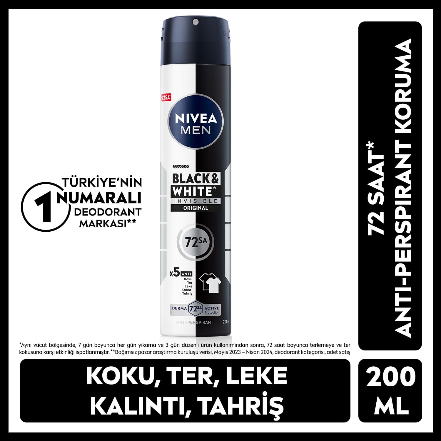 Erkek Sprey Deodorant Black&White Invisible Original 200 ml, 72 Saat Anti-perspirant Ter Koruması,Ekonomik Boy