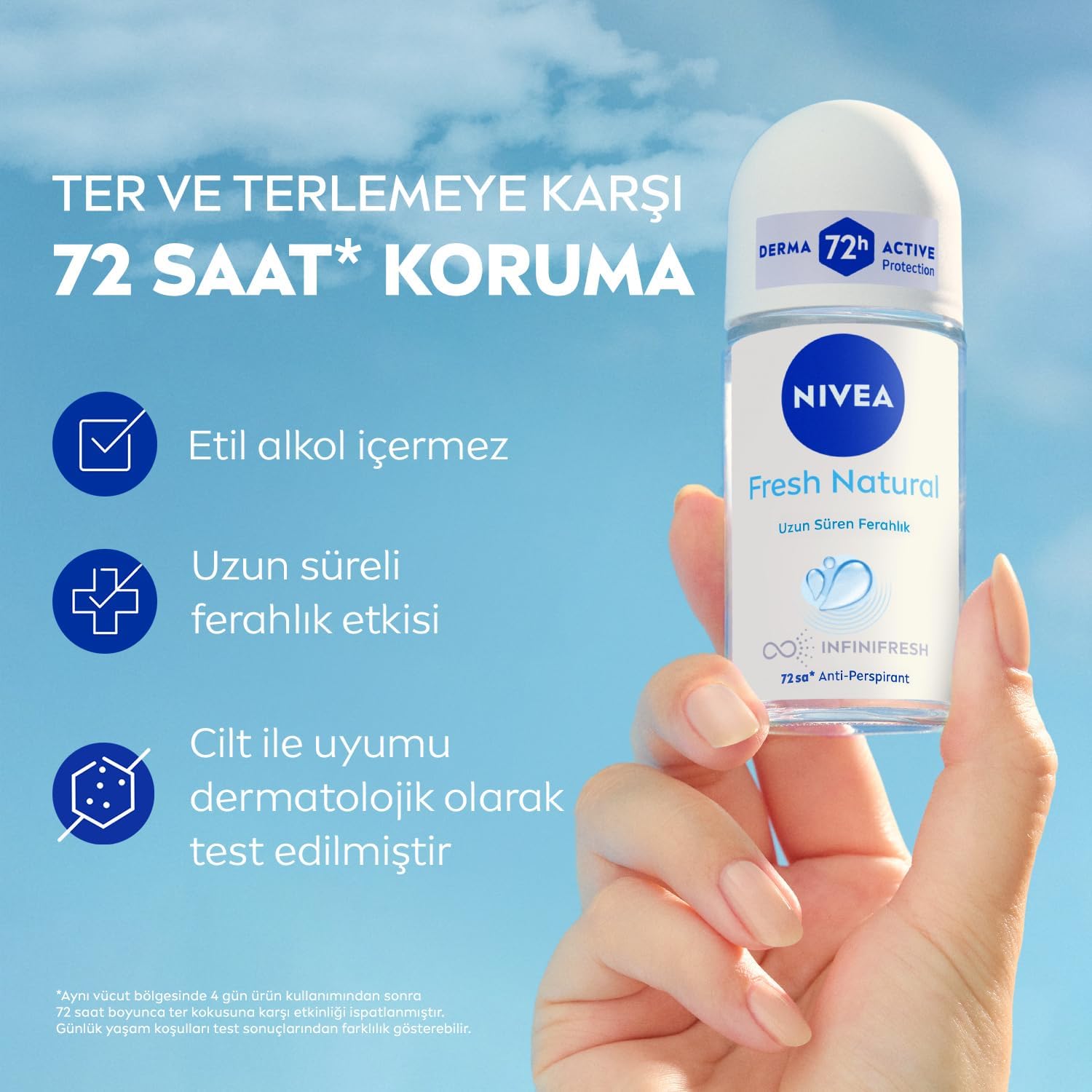 Kadın Roll on Deodorant Fresh Natural 50 ml,Ter ve Terlemeye Karşı 72 Saat Anti Perspirant Koruma,Uzun Süren Ferahlık,Okyanus Özleri Kokusu,Etil Alkol İçermez