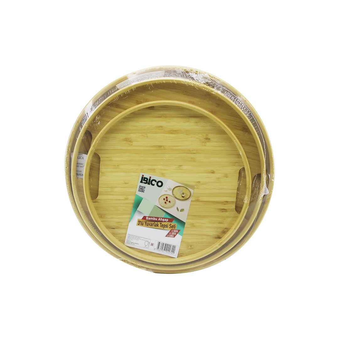 Yuvarlak - 3 Boy Bambu Ahşap Tepsi Seti 30--35--38CM