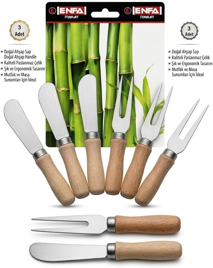 6 Parça Doğal Bambu Kahvaltı ve Sunum Seti - 3 Mini Kokteyl Çatalı ve 3 Tereyağı Reçel Sürme Spatulası