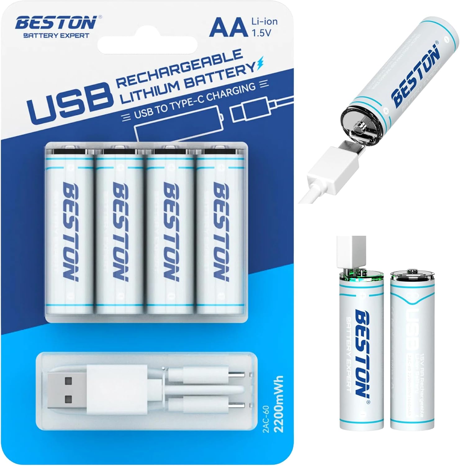 4'lü Şarj Edilebilir AA Lityum Pil | 1.5V 500mAh 2200mWh, USB-C Şarjlı, 1000+ Döngü, Sabit Voltaj Çıkışlı, Mikrofon, Oyuncak ve Küçük Cihazlar İçin, 2AC-06