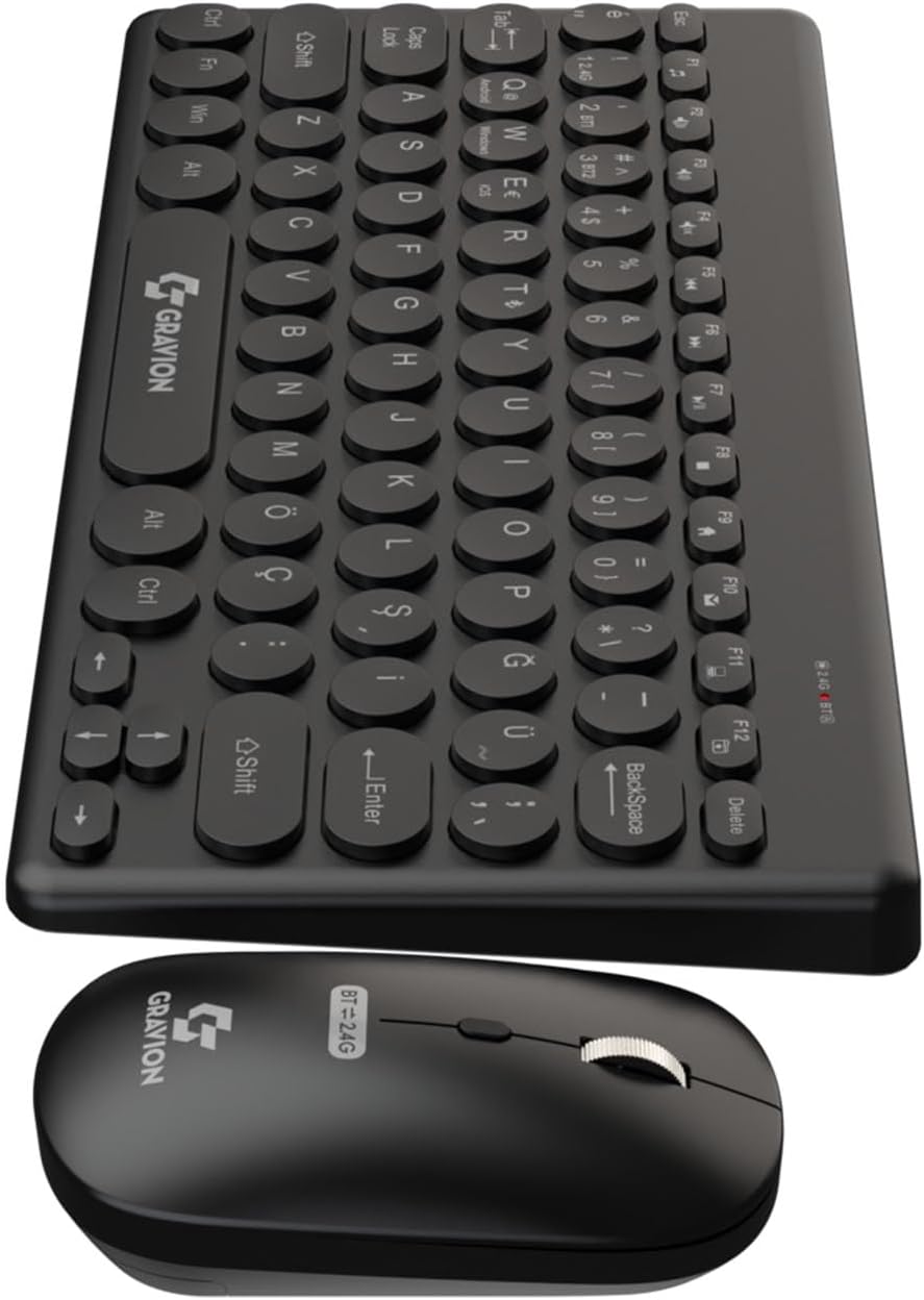 KM-BT37 Kablosuz Klavye Mouse Seti, Bluetooth + USB Dongle 2.4G, 78 Tuş Kompakt, Türkçe Q, PC TV Laptop Tablet Telefon Uyumlu, Siyah