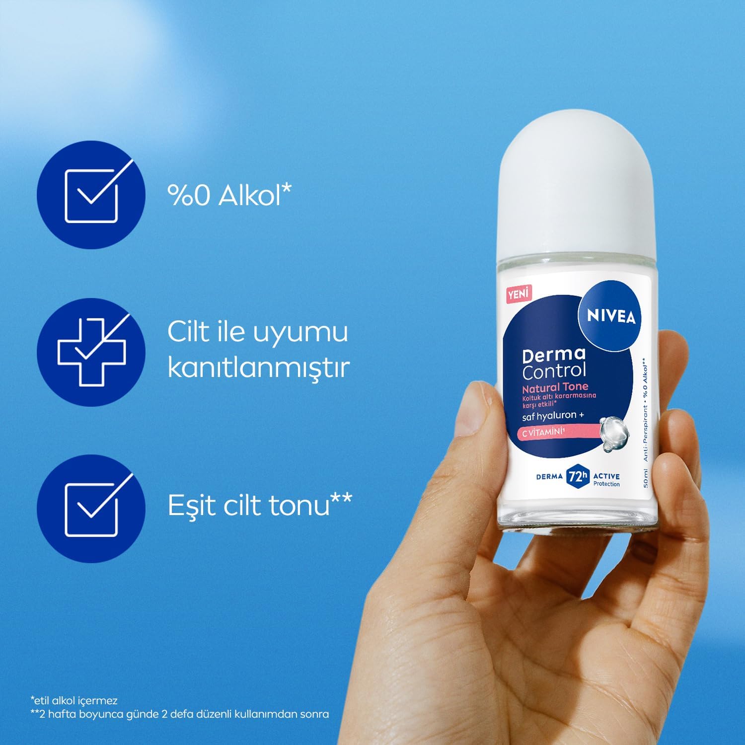 Kadın Roll on Deodorant Derma Control Natural Tone 50 ml, Koltuk Altı Kararmasına Karşı Etkili, Eşit Cilt Tonu, 72 Saat Anti Perspirant Koruma, C Vitamini, Hyaluronik Asit, Alkol İçermez