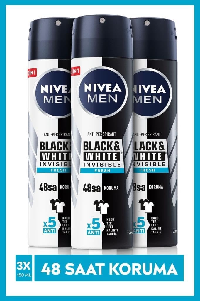 MEN Erkek Sprey Deodorant Black&White Invisible Fresh, Ter ve Ter Kokusuna Karşı 48 Saat Anti-perspirant Koruma 150ml x3 Adet
