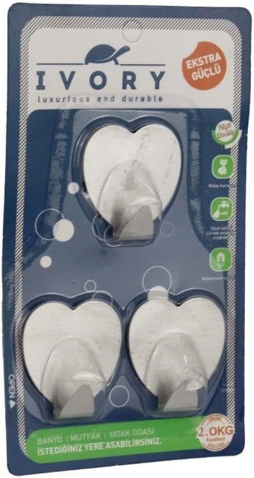 Ivory Metal Yapışkanlı Askı, Kalp Tasarımlı, Paslanmaz, Delme Gerektirmeyen, Duvar ve Fayans için, Havlu ve Bornoz Askısı, 3'lü Paket