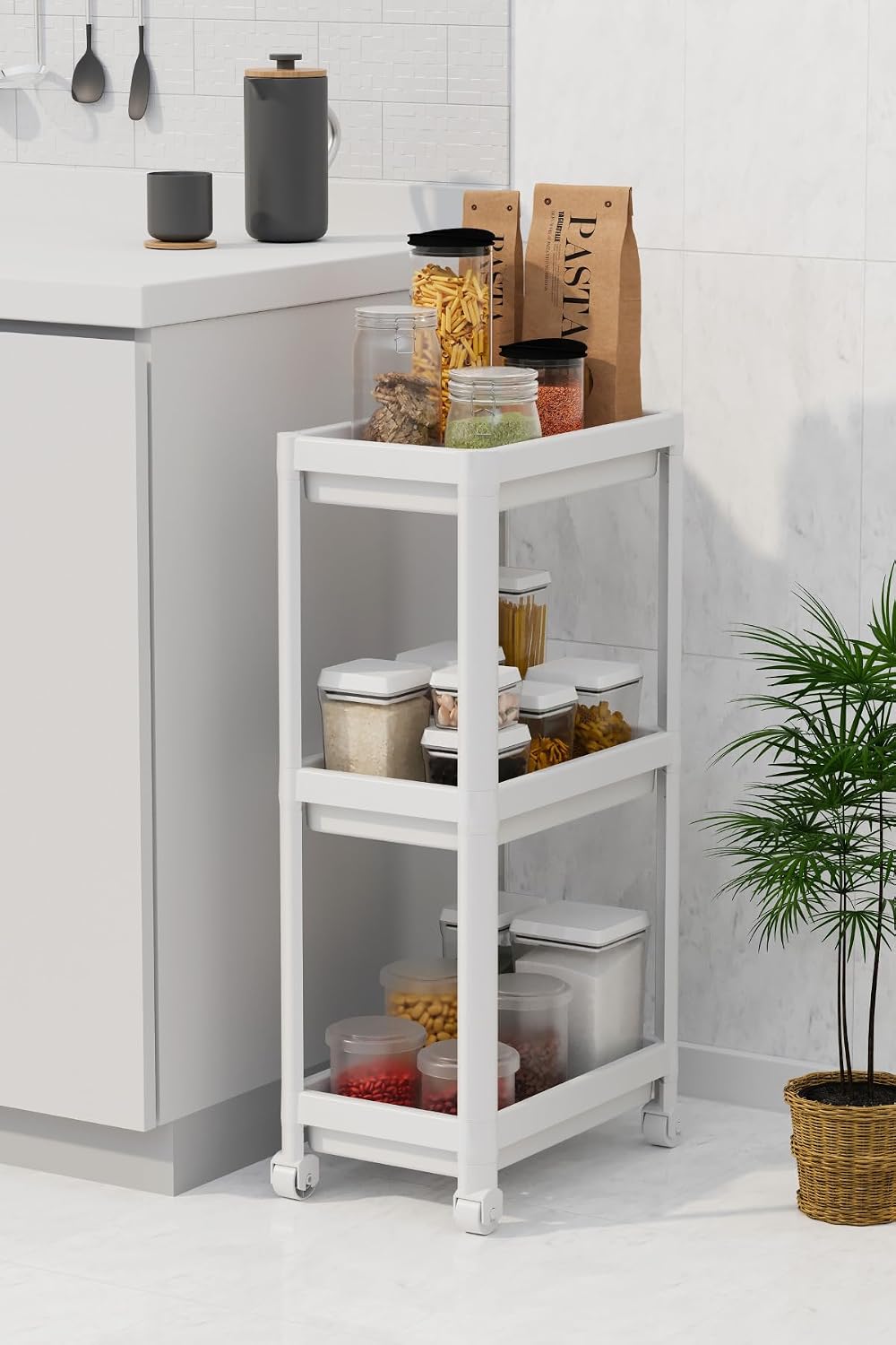 3 Katlı Hazneli Tekerlekli Beyaz Mutfak Banyo Rafı PG MIT1214