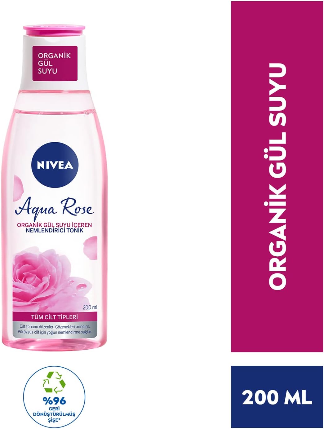 Aqua Rose Organik Gül Suyu İçeren Nemlendirici Tonik (200 ml), Tüm Cilt Tipleri İçin, Gözenek Arındırıcı, 24 Saat Yüz Nemlendirici