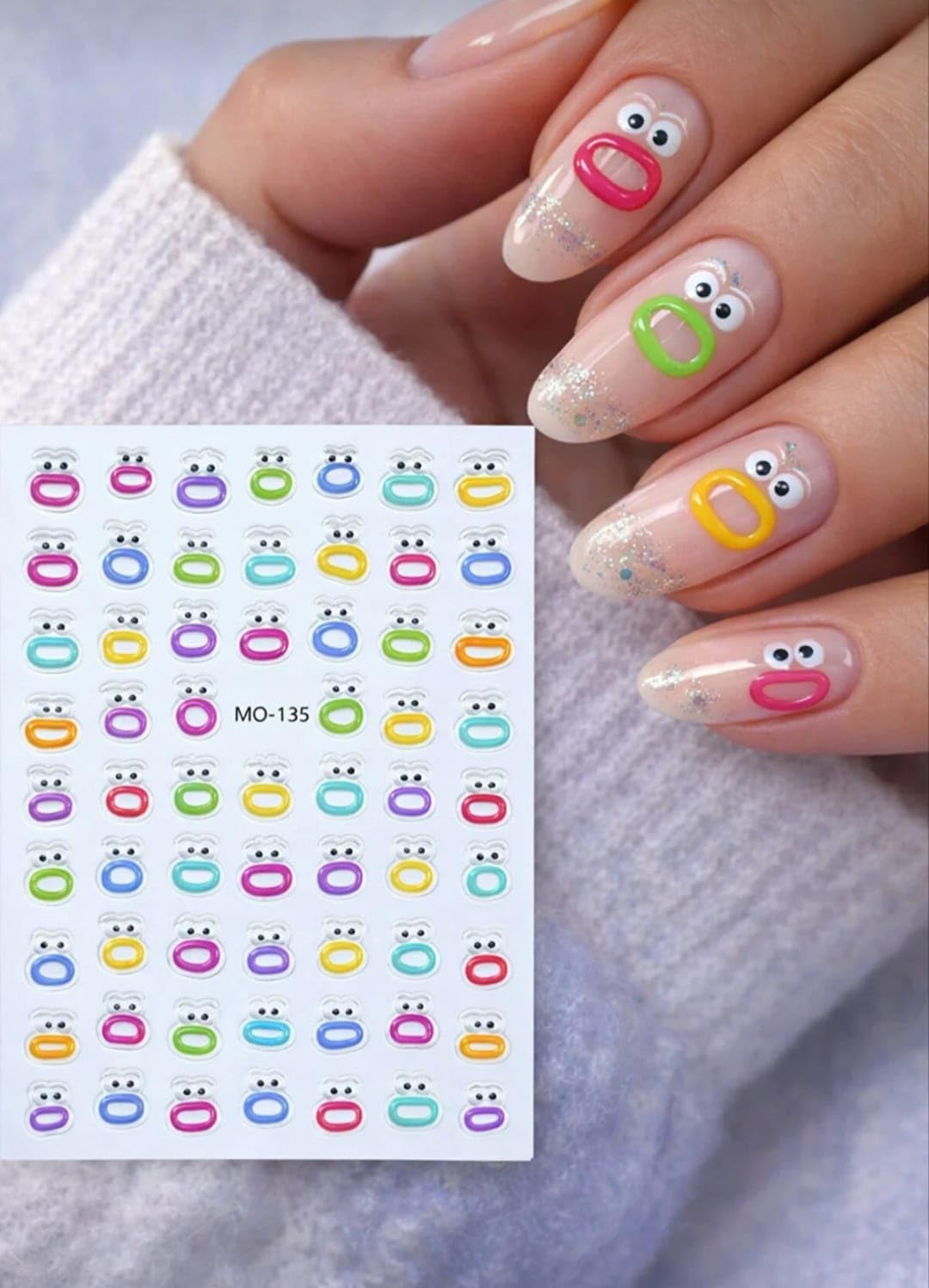 Renkli Karikatür Göz ve Ağız Desenli Tırnak Sticker, Nail Art Süsleme, Protez Tırnak ve Kalıcı Oje için