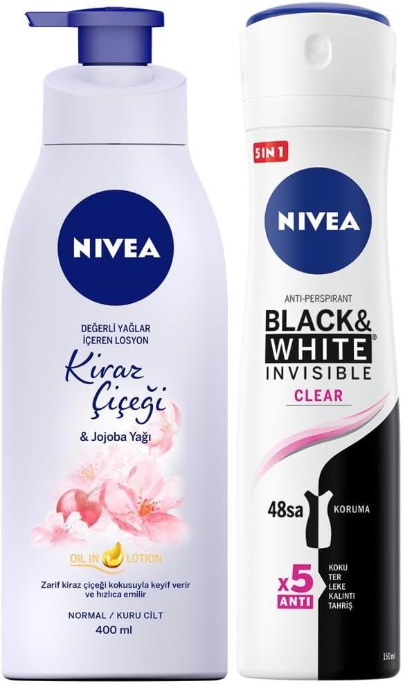Kadın Sprey Deodorant Black&White InvisibleClear 150ml,Kiraz Çiçeği Nemlendirici Vücut Losyonu 400ml