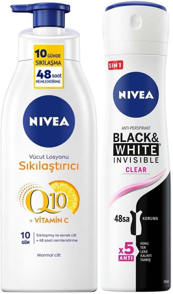 Kadın Sprey Deodorant Black&White Clear 150ml, Q10 Sıkılaştırıcı ve Nemlendirici Vücut Losyonu 400ml
