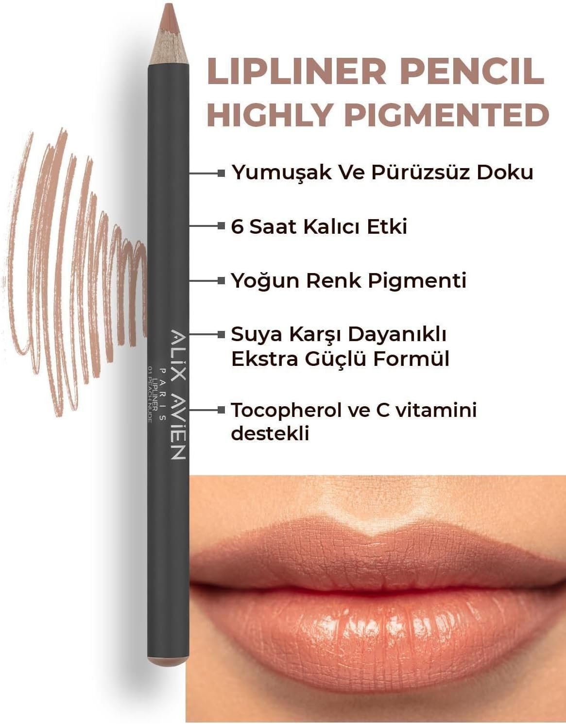 Uzun Süre Kalıcı Dağılma Yapmayan Nemlendirici Dudak Kalemi - Lipliner Pencil 01 Peach Nude