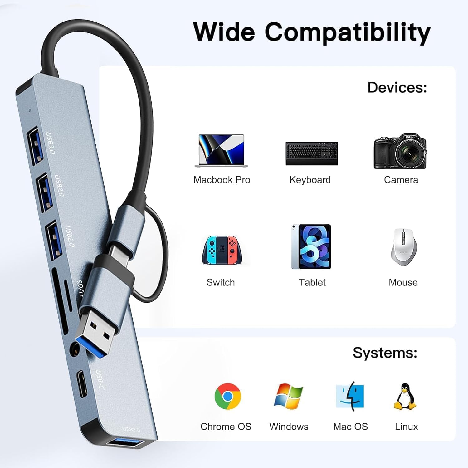 Çoklayıcı Adaptör 8 in 2 USB Type-C to USB A, USB C, SD/TF Kart Okuyucu – MacBook ve Laptop Uyumlu Çok Portlu USB HUB Çoğaltıcı