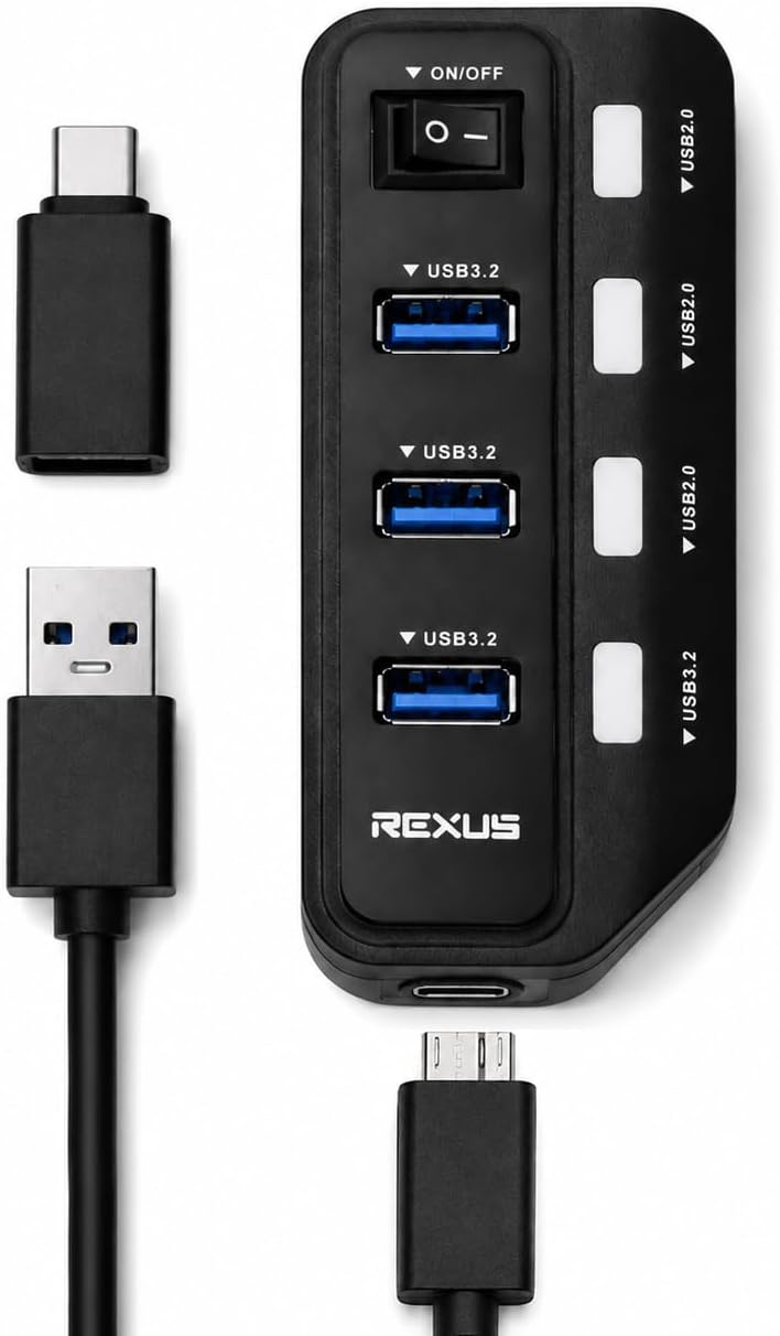 7 Port USB Hub USB 3.2 Gen1 5Gbps, 4x USB 3.2 + 3x USB 2.0 Çoklayıcı, Açma Kapama Anahtarlı, USB-A ve USB-C Adaptörlü, Plug & Play, Windows Mac Android Uyumlu | SY-U332