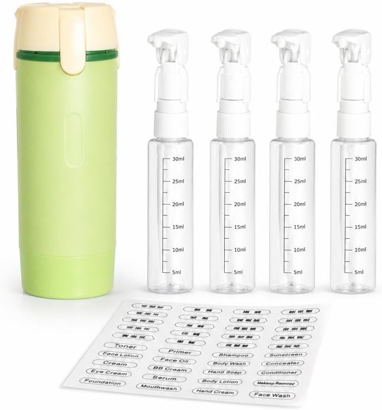 4'ü 1 Arada Seyahat Pompalı Şişe Seti, 4 x 30 ml Doldurulabilir Kozmetik ve Kişisel Bakım Seyahat Kabı, Etiketli, Uçak Kabin Bagajına Uygun, Asorti Renk