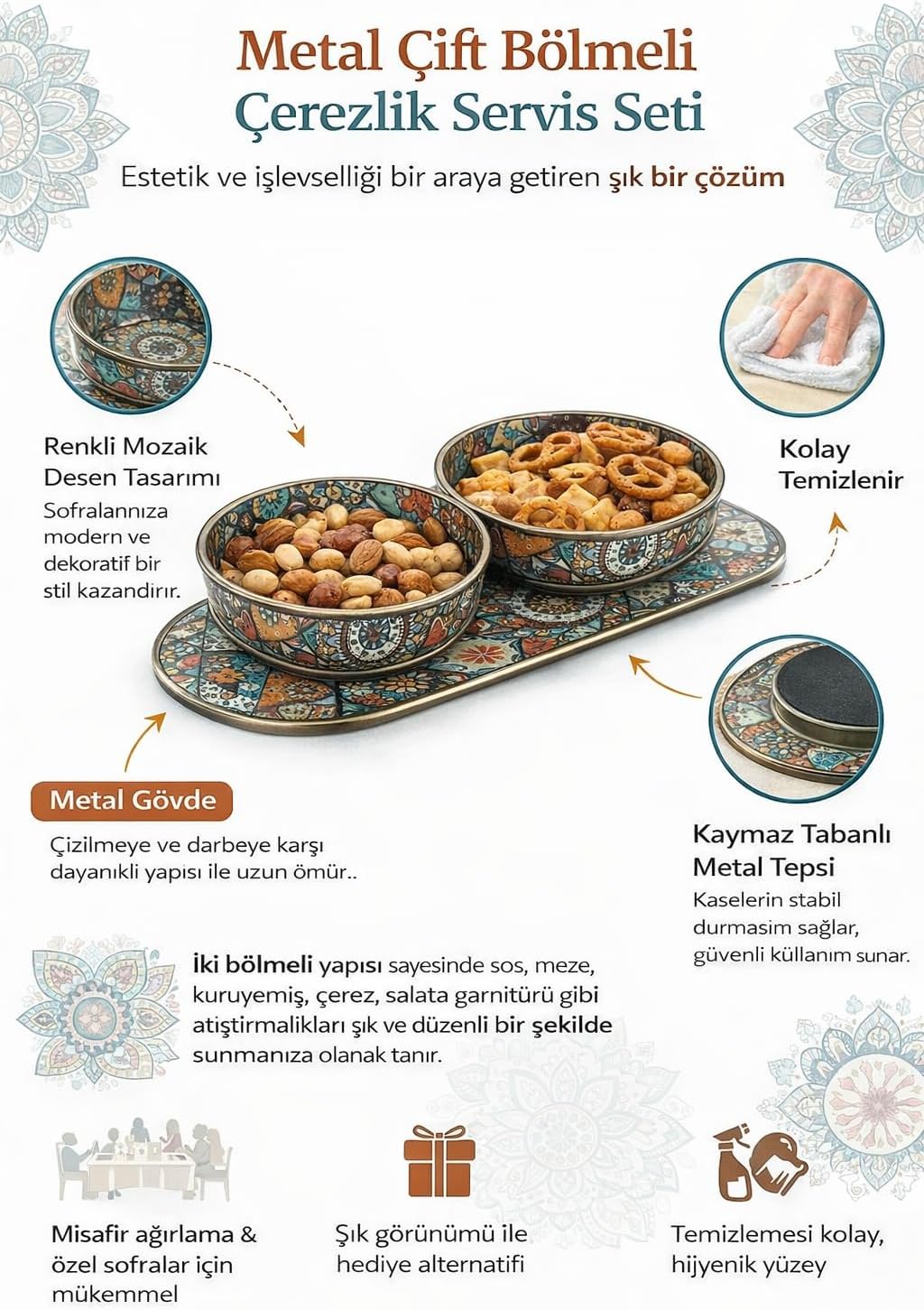 Metal Mozaik Desenli 2’li Servis Kasesi Seti, Çift Bölmeli Meze, Sos ve Kuruyemiş Sunum Kabı, Kaymaz Metal Servis Tepsili, Şık ve Dayanıklı Sofra Aksesuarı, Ev, Misafir Sunumlarına Uygun