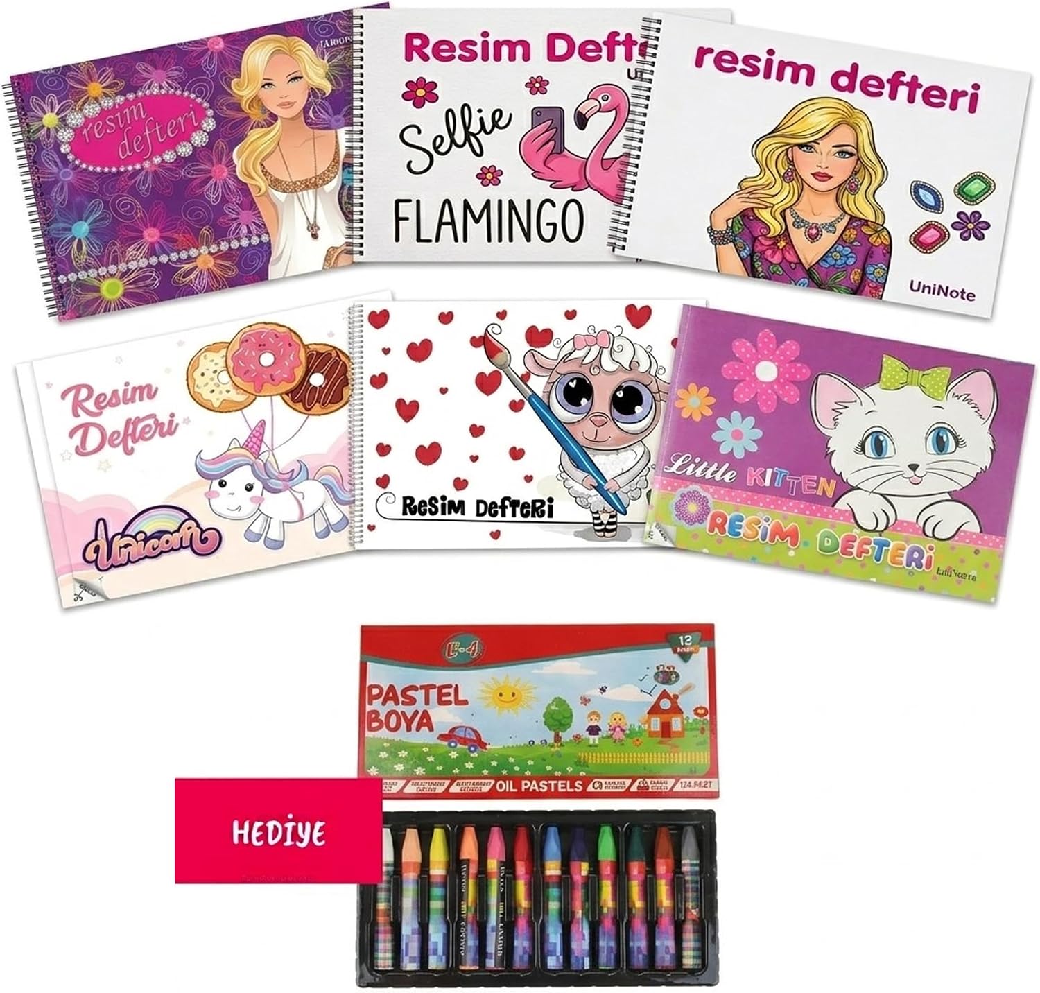 Çınar Defter 6 Adet Küçük Boy 20 Yaprak Perforajlı Resim Defteri Kızlar İçin Özel Karışık Figürlü Kapaklı Pastel Boya Hediyeli