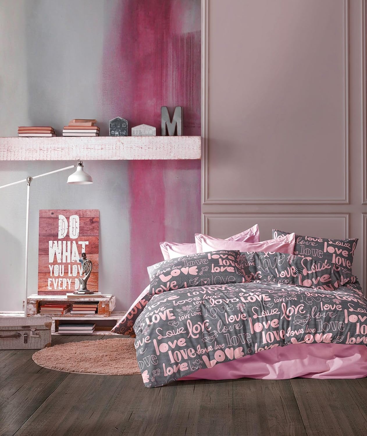 %70 Pamuklu Çift Kişilik Nevresim Takımı Yorgan Kılıfı Seti + Lastikli Çarşaf +2 Yastık Kılıflı-KALP DESEN (Pembe-Kalp-Love)
