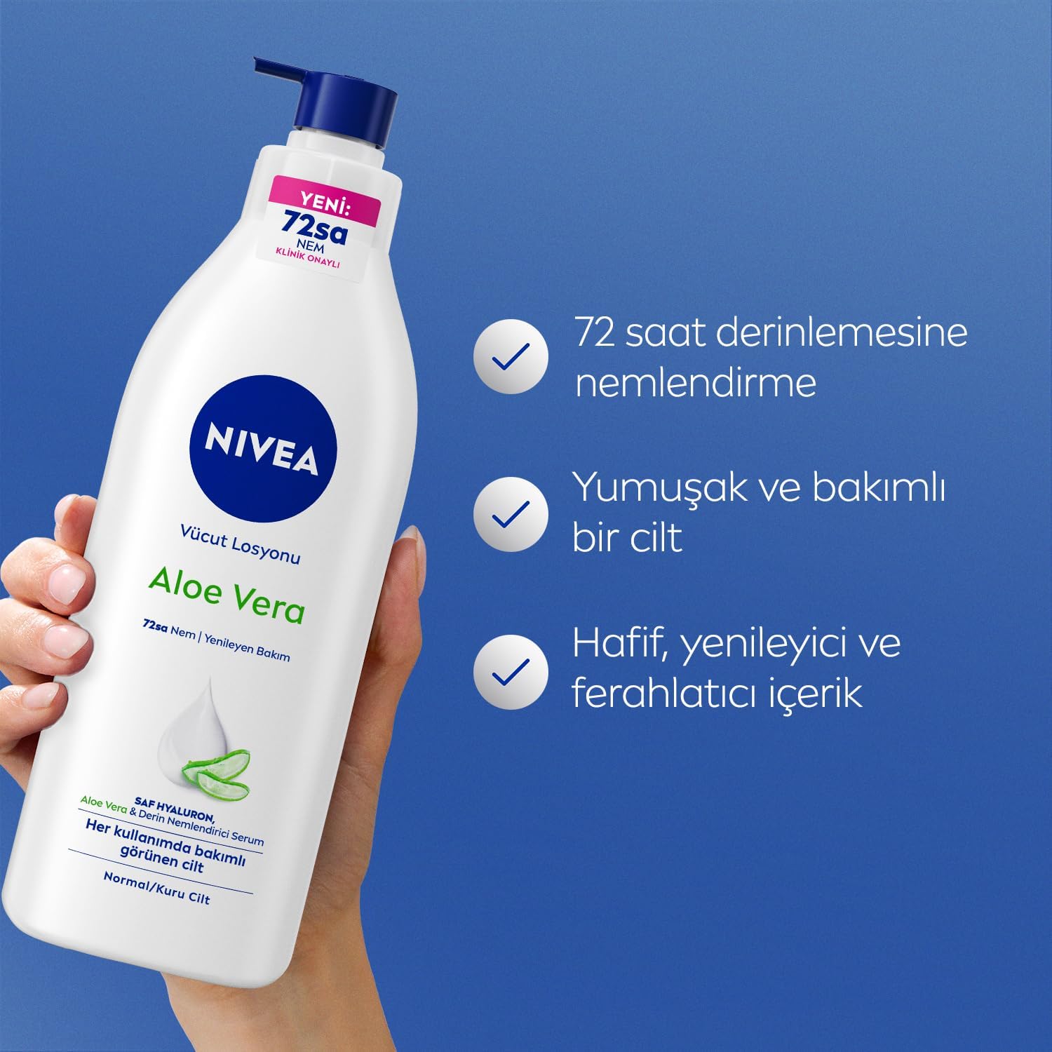 Vücut Losyonu Aloe Vera 400 ml, Normal ve Kuru Ciltler için,72 Saat Nemlendirici,Hyaluron,Aloe Vera,Yenileyici Bakım