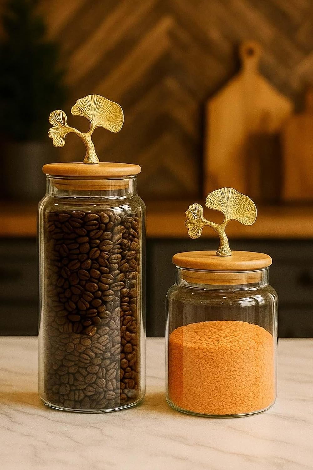 2’Li Altın Metal Ginkgo Figürlü Bambu Kapaklı Cam Kavanoz – Saklama Kabı 1400Ml + 890 Ml