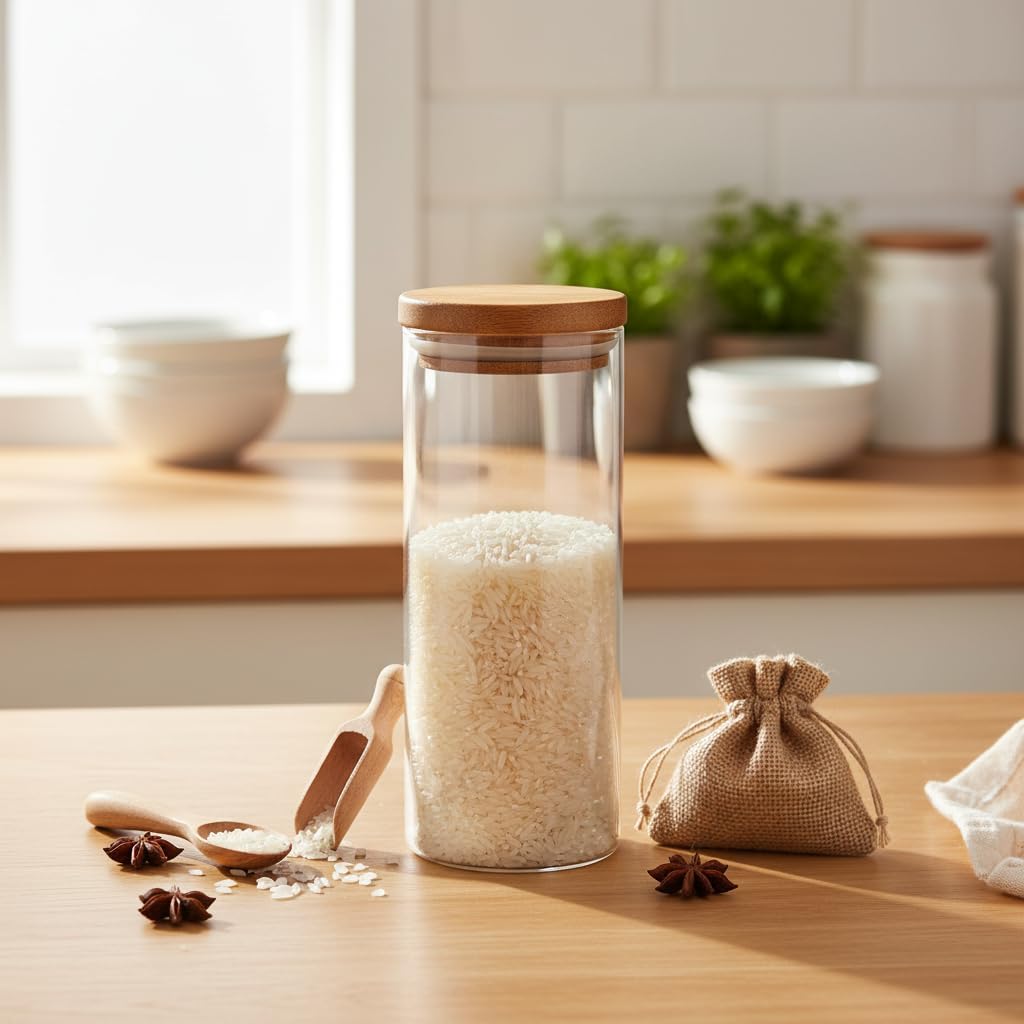 Doğal Akasya Ahşap Kapaklı Borosilikat Cam Kavanoz - 350 ml Vakumlu Yuvarlak Baharatlık, Çay ve Kahve Saklama Kabı